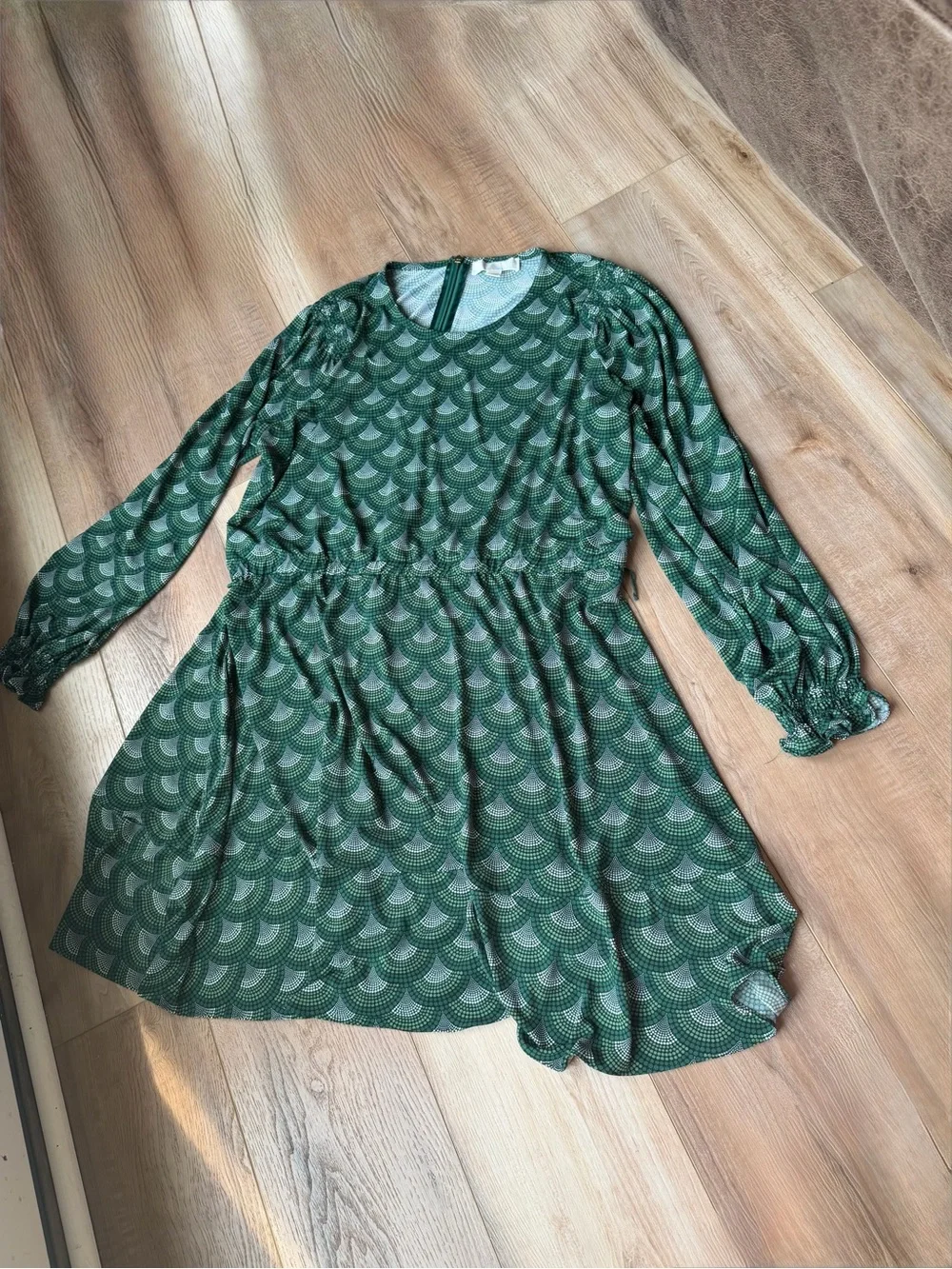 Michael Kors 1X Green Art Deco Print Long Sleeve Dress